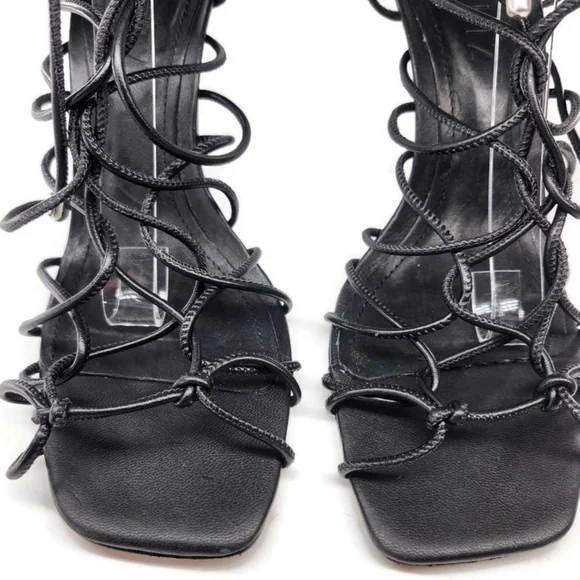 Schutz Heyde Black Leather Strappy Wrap Around & Tie Open-Toe High Heel Sandals - Picture 4 of 11